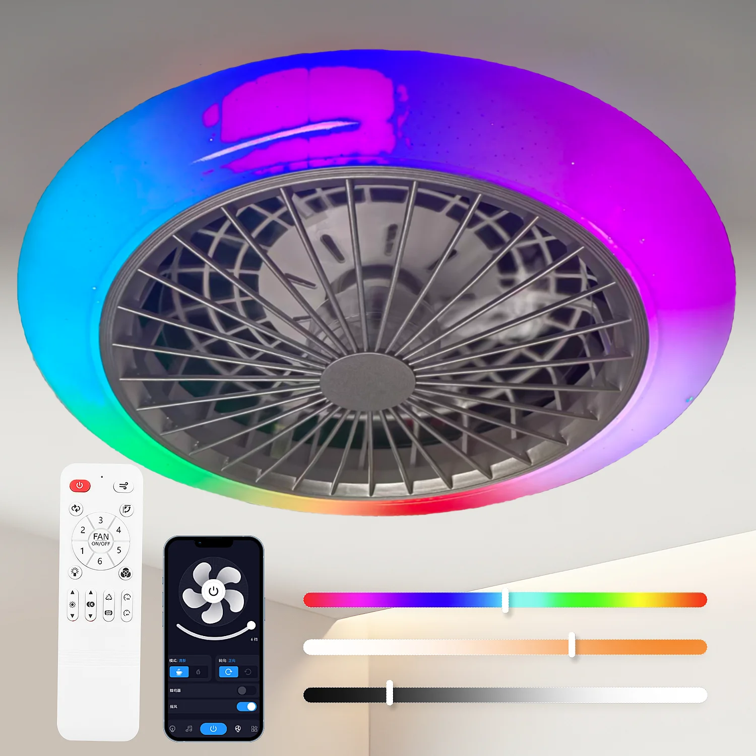 RGBCW LED-Deckenventilator mit Deckenleuchte, Fernbedienung, APP- und BT-Steuerung für Schlafzimmer, Wohnzimmer, Esszimmer, 45 cm, 50 W, Timer, sechs Windgeschwindigkeiten mit Vorwärts- und