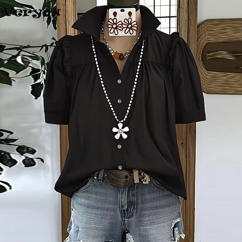

Fashion Short Sleeve Blouse Female Button Shirt Turn Down Collar Red Black Blouse Women Casual Solid Office Tops