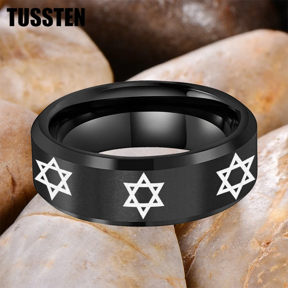 

TUSSTEN 6/8MM Tungsten Ring Couple Ring Laser Carving Judaism Star of David Logo Matte Surface Bevel Edge Comfortable Fit