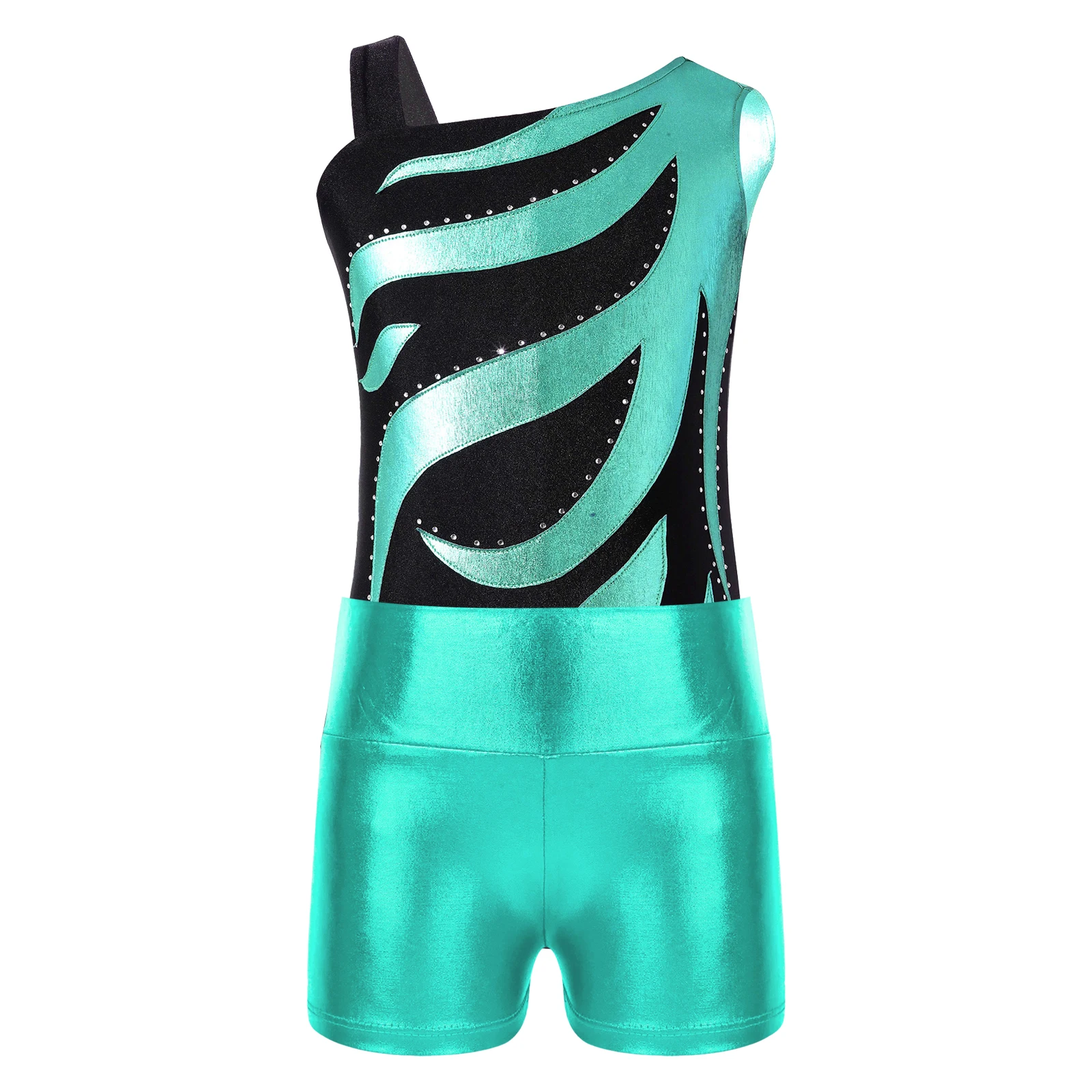 Kids Girls Shiny Rhinestones Ballet Dancewear Leotard with Metallic High Waist Shorts Gymnastics Swimsuit Dance Leotards Outfit