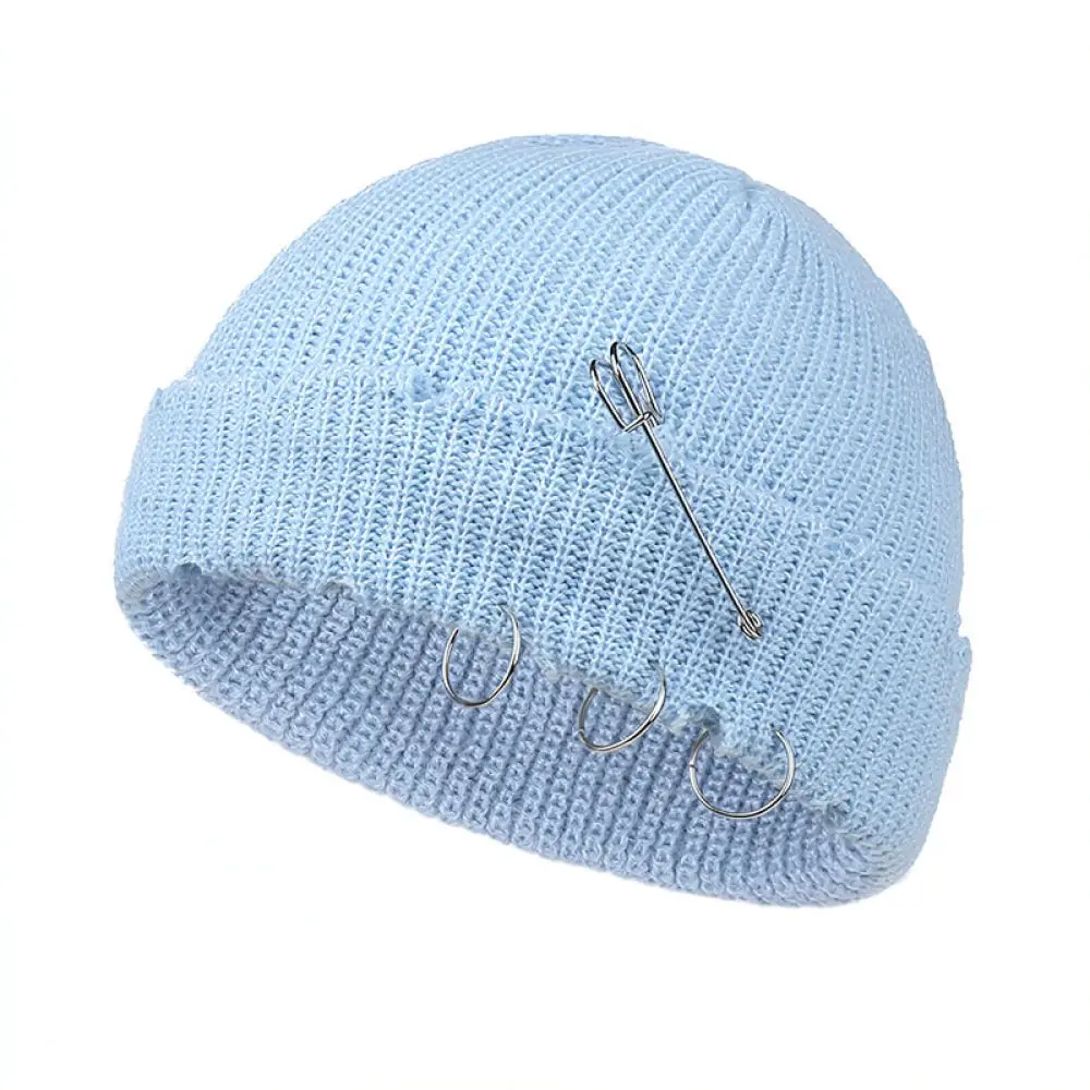 Winter Warm Knitted Beanie Cap Unisex Street Style Distressed Pin Ornament Rolled Cuff Soft Acrylic Fashion Casual Hat