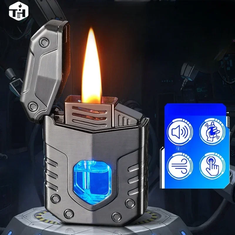 Metal Mech Voice Controlled Kerosene Lighter Four Ignition Methods Transparent LED Blue Light Oil Window Type-C Charging Lighter