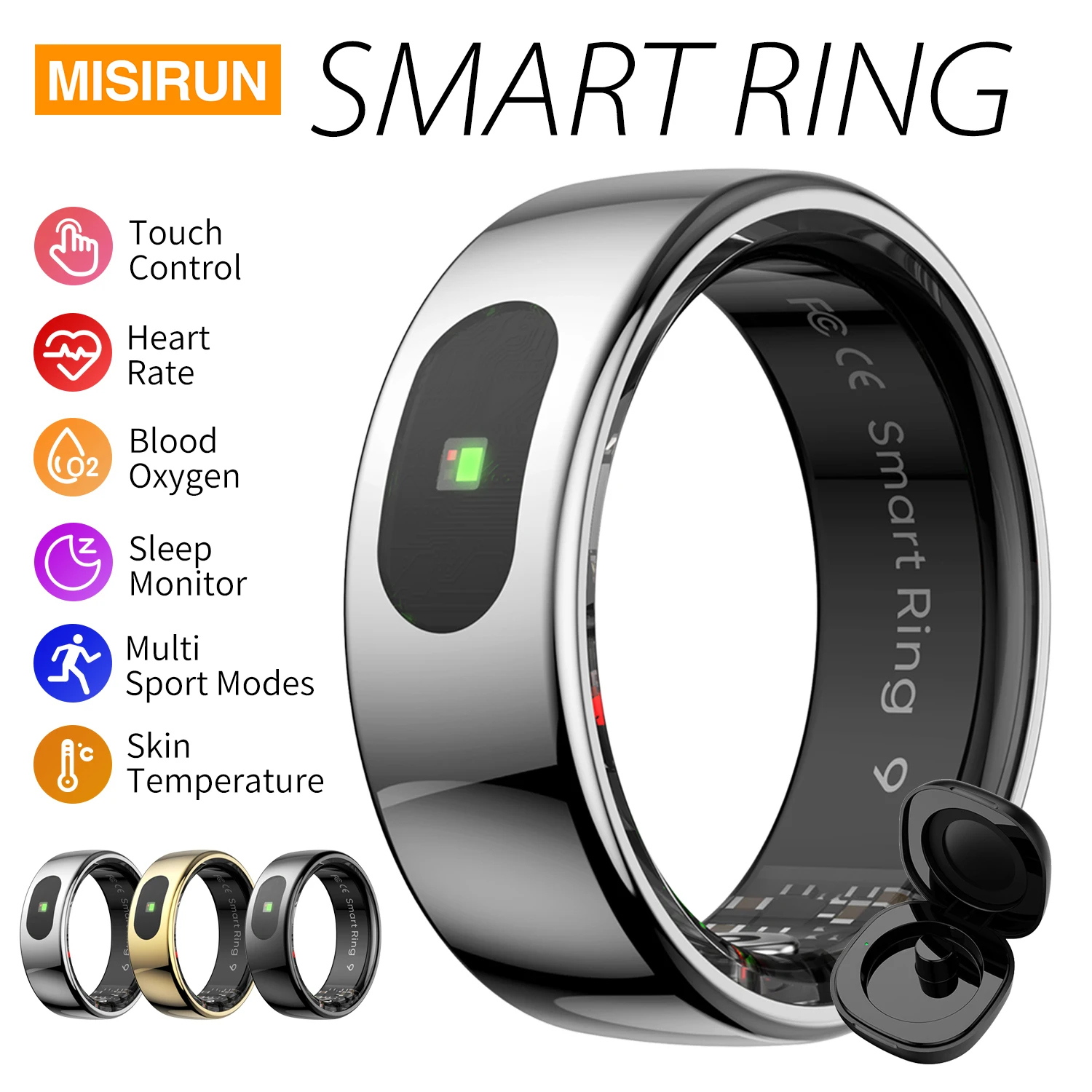 

Умное кольцо R08 для мужчин и женщин с сенсорным управлением жестами, измерением температуры кожи, мониторингом сердечного ритма и сна, водонепроницаемое, с зарядным чехлом