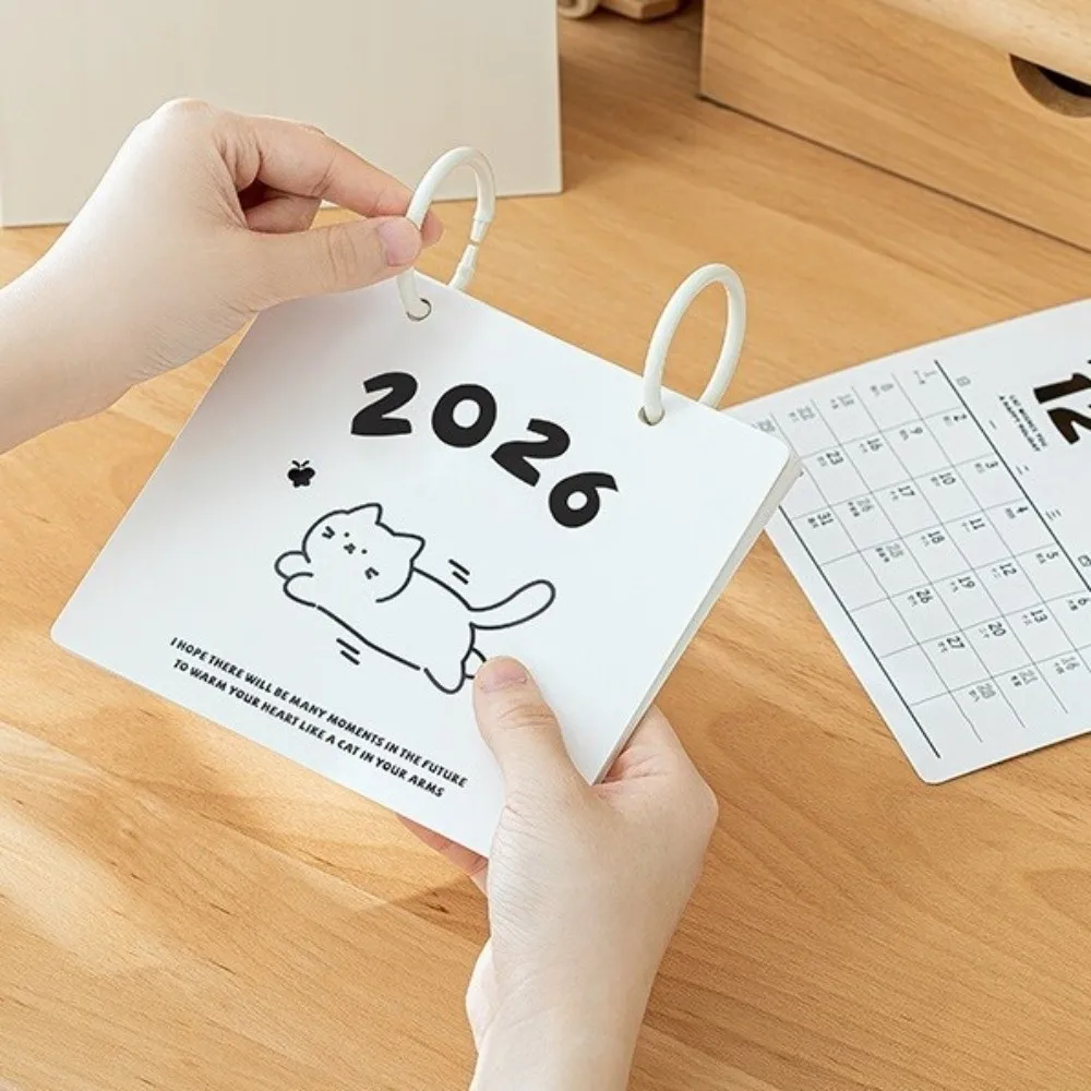 

Creative Plastic 2026 Desktop Calendar Cartoon Cat Pattern Standing Flip Calendar Portable Stable Base Table Planner Office