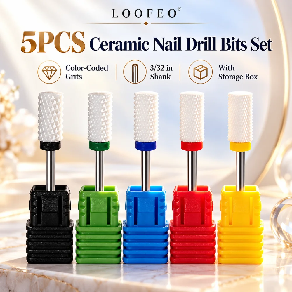 5PCS Ceramic Nail Drill Bits Set 2.35mm Shank Flat Top Barrel Bits Five Grits For Gel Acrylic Removal Shaping With Storage Cases