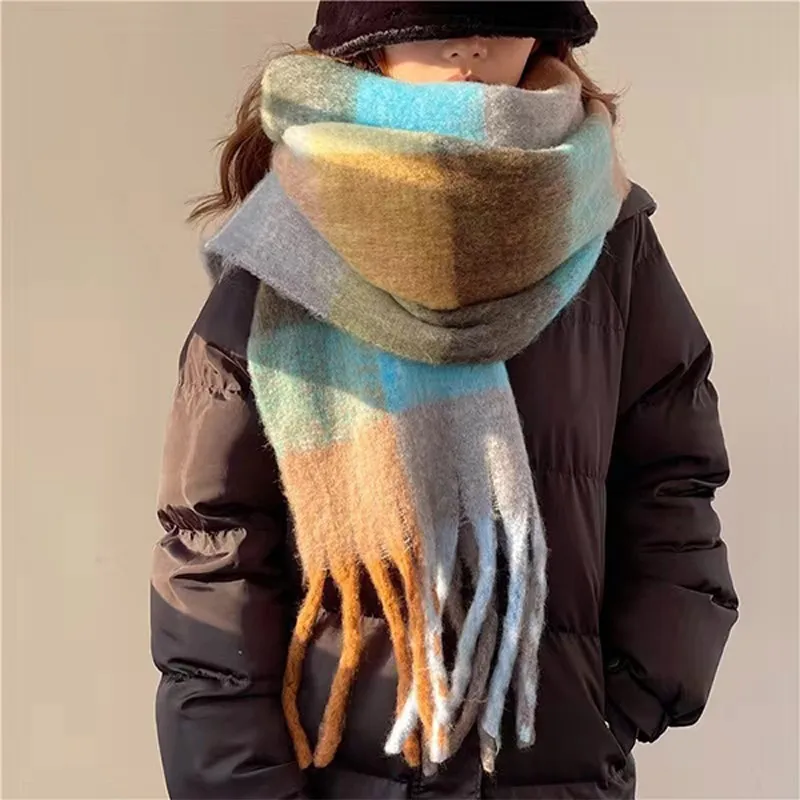 Women Rainbow Hairy Tassel Scarf Winter Thick Warm Cashmere Pashmina Shawl Wrap Luxury Soft Neckerchief for Autumn Cold Weather
