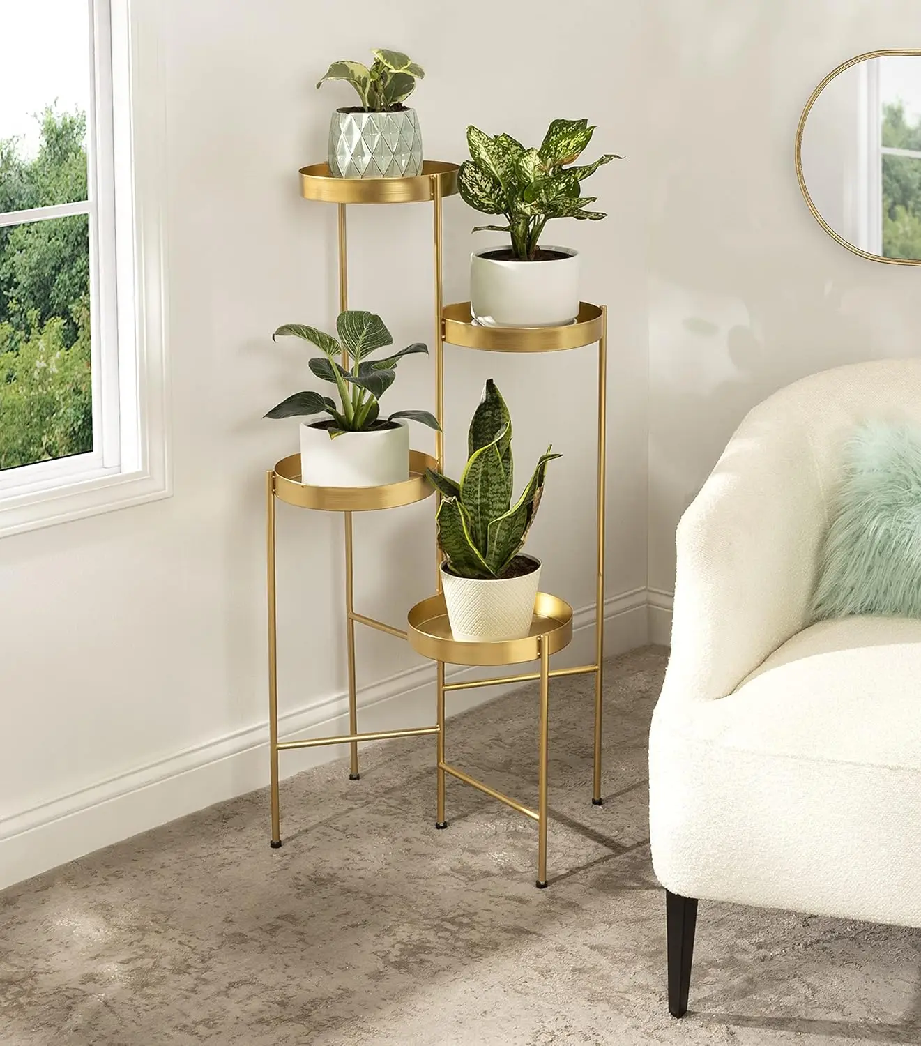 Finn Modern 4-Tier Plant Stand; 10 x 11 x 44; Gold; Folding Lightweight Plant Stand for Decorative Display and Storage