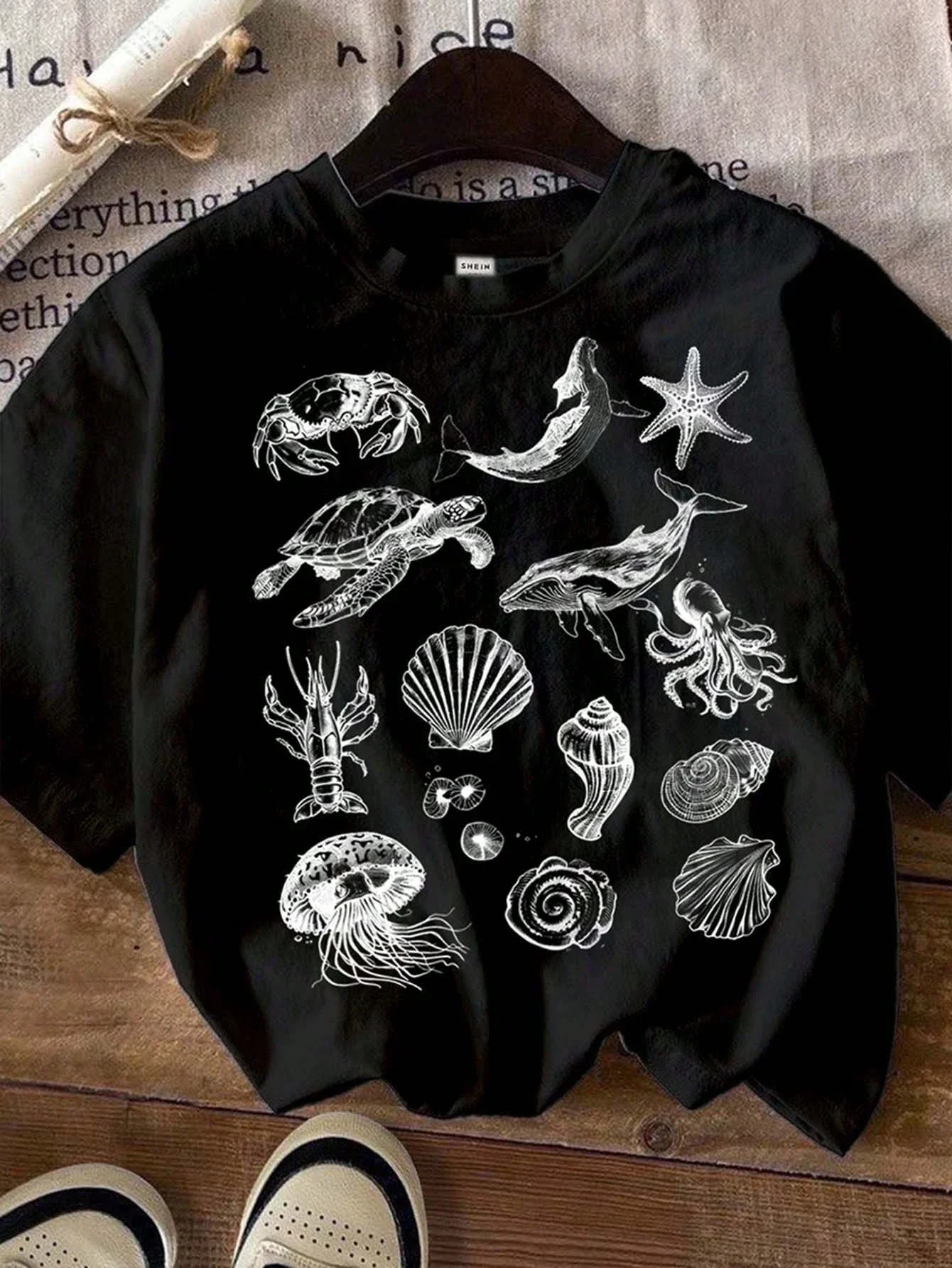Casual Simple Cartoon Marine Life Print T-shirt Casual Versatile Short-sleeved Round Neck T-shirt Suitable for Kids in Summer