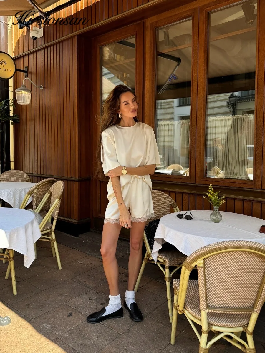 Hirsionsan-Conjuntos sueltos de dos piezas para mujer, Tops cortos y pantalones cortos con retazos de encaje, trajes elegantes de alta calidad para mujer, chándal suave