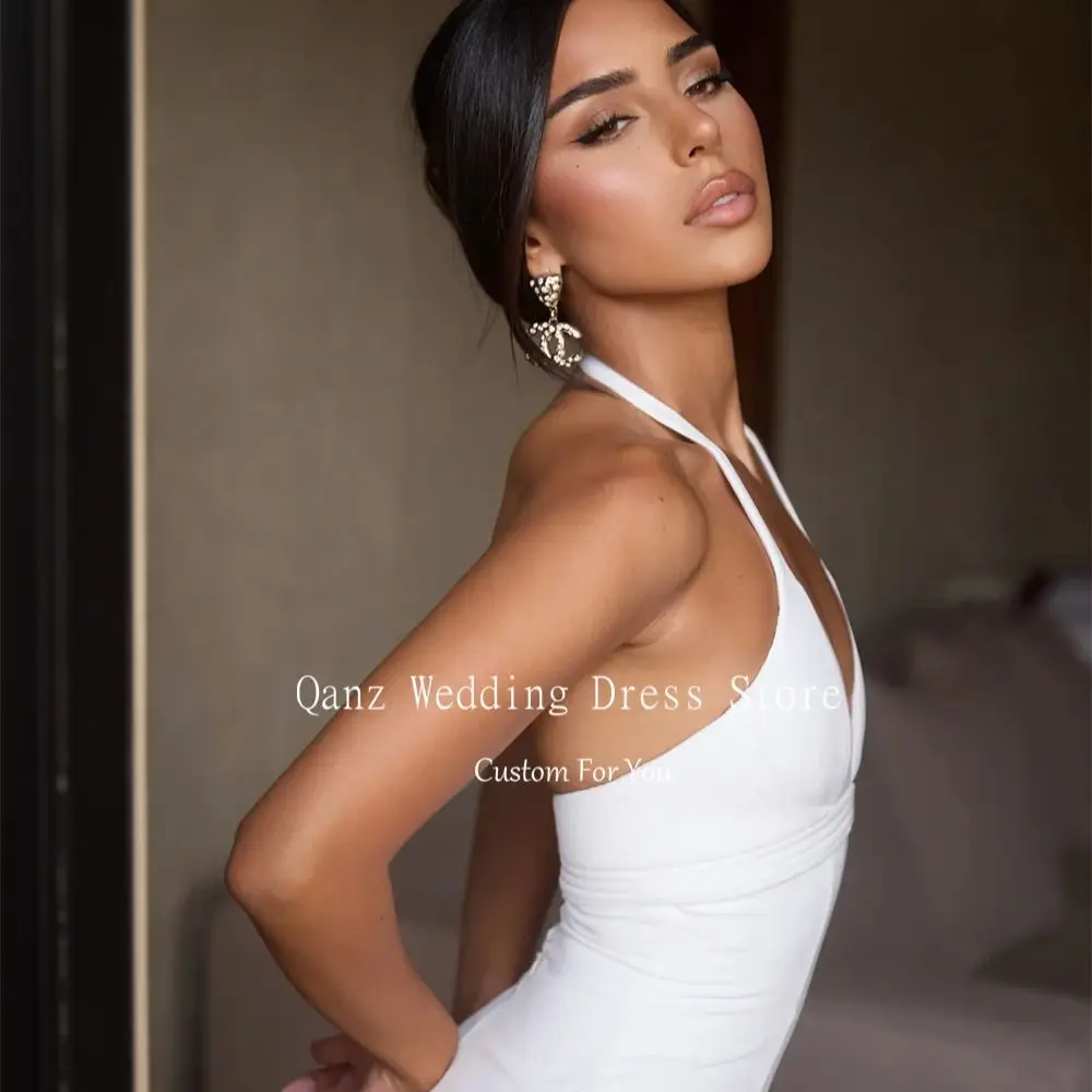 ชุดแต่งงานผ้าซาตินสีขาวแบบคอวี คอ halter ทรงเมอร์เมด  ชุดเจ้าสาวสมัยใหม่  ชุดแต่งงานแบบเรียบง่าย  รับตัดตามสั่ง