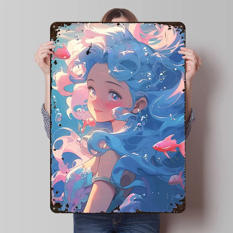 Anime Meerjungfrau mit Blauen Haaren und Fisch Metallposter Individuelle Wandkunst Retro Vintage Blechschilder für Gamer-Dekoration Raumdekoration