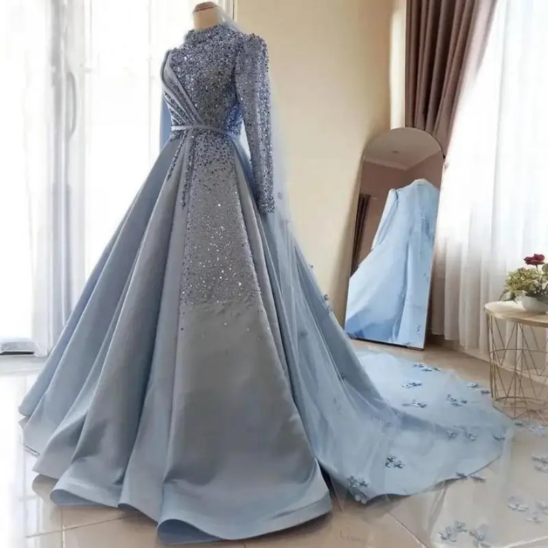 

Elegant Saudi Arabic Sky Blue Evening Dresses Long Sleeve High Neck Satin Sequined A Line Women Formal Occasion Wear Prom Party