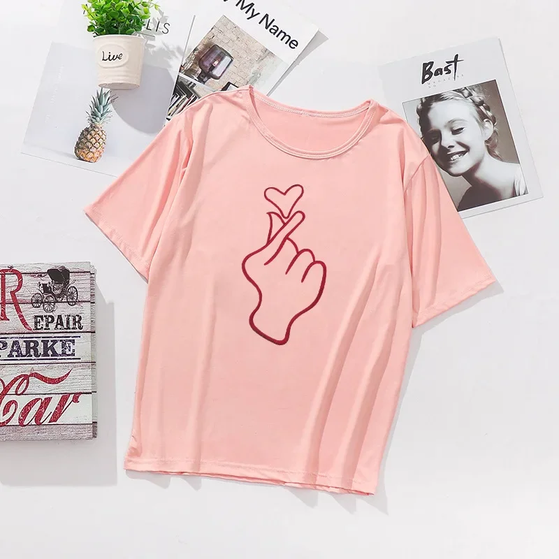 T-shirt à manches courtes et col rond pour femmes, décontracté, rose, imprimé cœur et fleur, DB2163