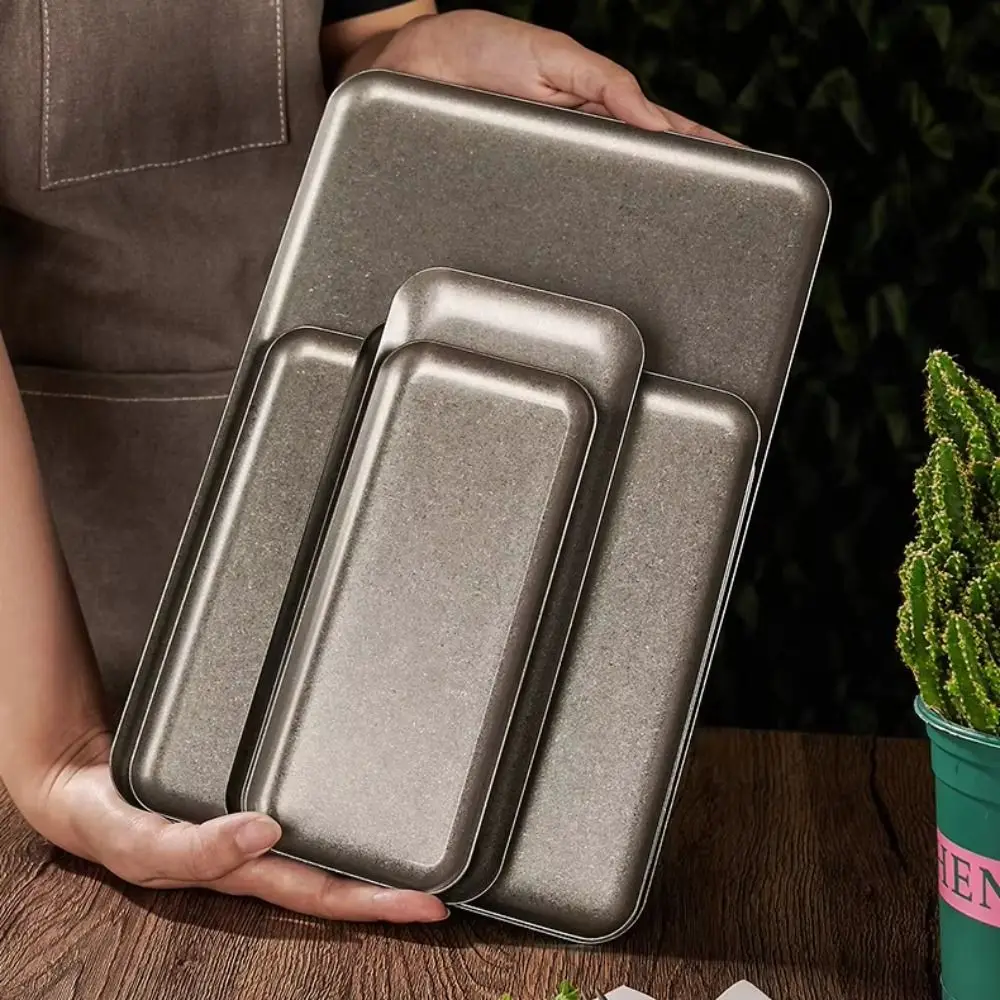 304 Stainless Stainless Steel Tray Square Shape Thickened Dinner Plate Vintage Silver Brushed Surface Steak Dish Dessert Display