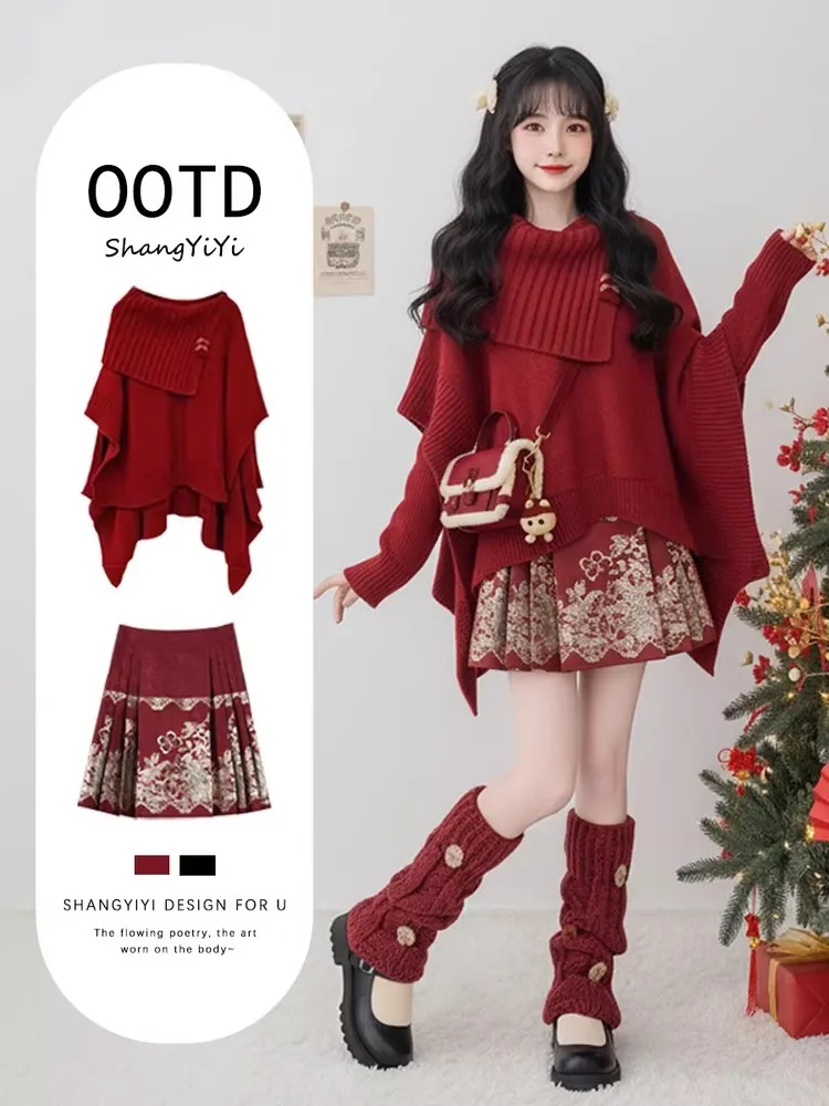 

Autumn Winter Knitted Set Women's Beautiful Lace oulder Top New Chinese Sle National Trend Slimming Pleated ort Skirt T...