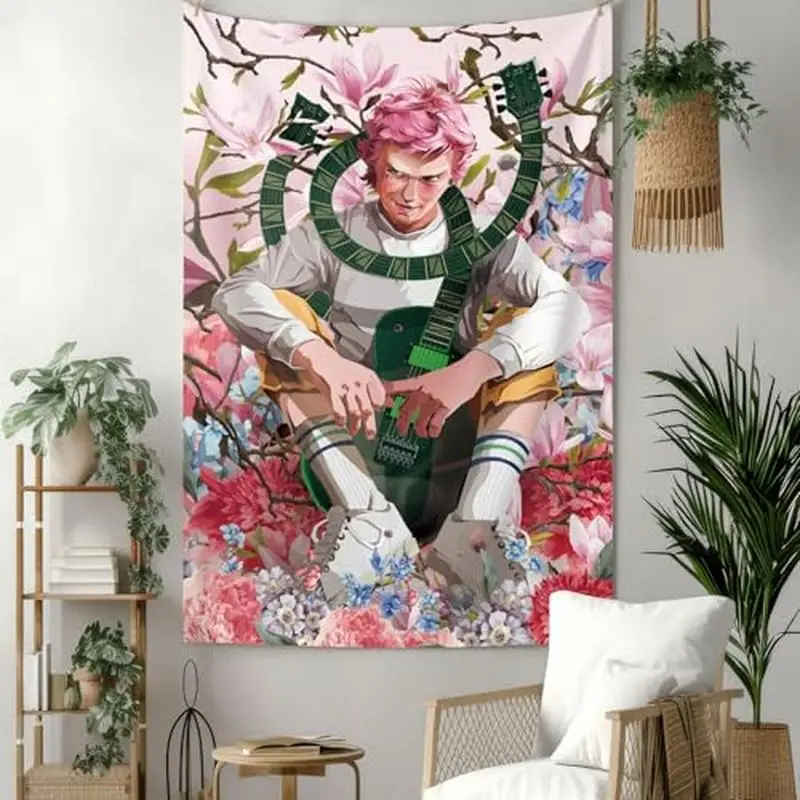VIKAMA Pink Hair Guitar Characters Tapestry, Trendy Illustration Wall Hanging, Flower Art Wall Decor Bedroom Dorm