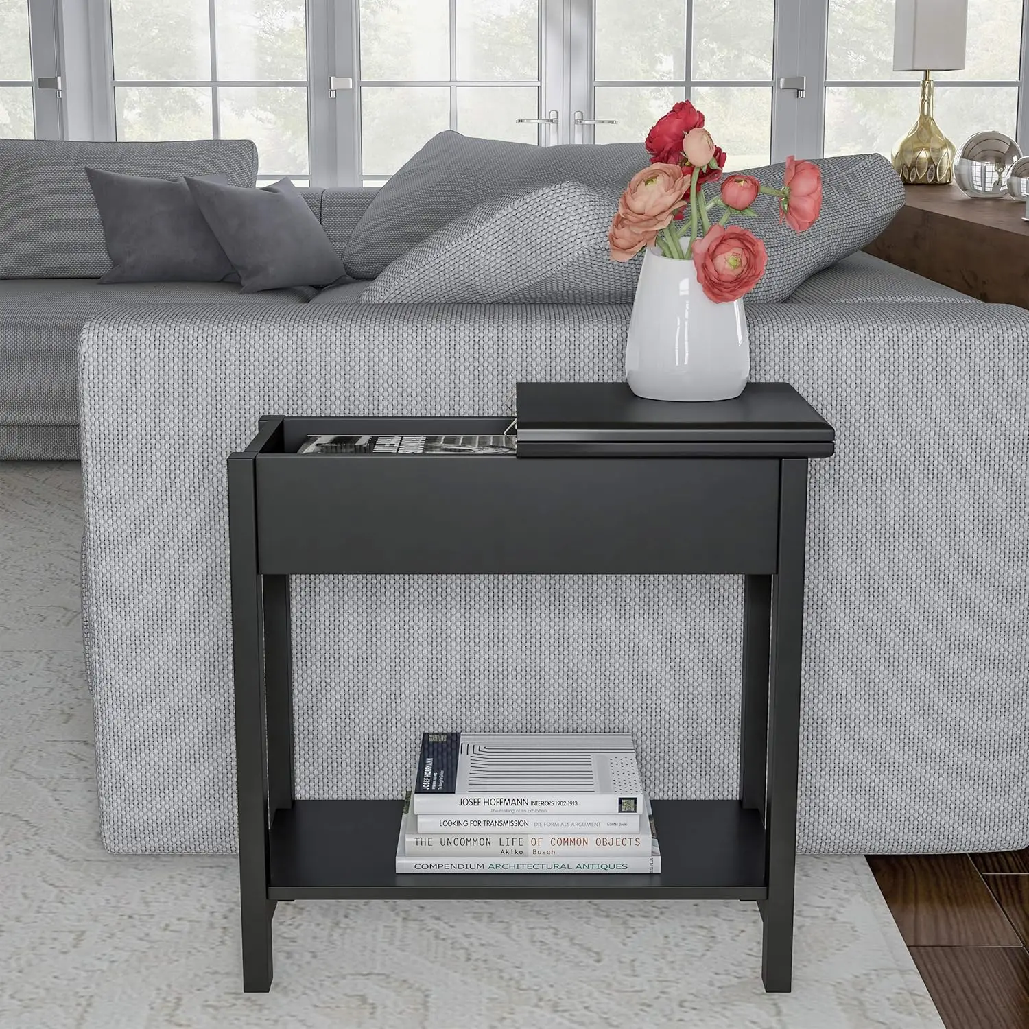 

Narrow End Table with Storage Compartment and Lower Shelf