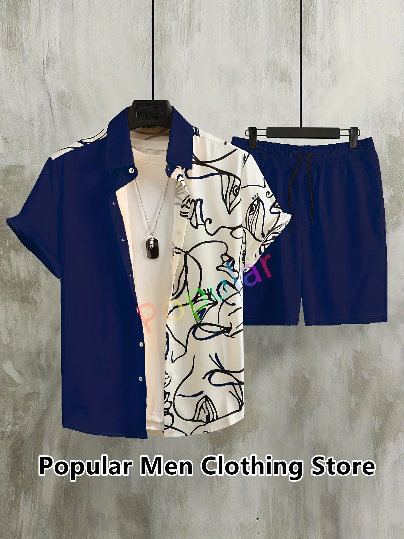 2023 Fashion Hawaiian Print Short Sleeve Shirt Set Men's Beach Woman Face Print Shorts Suit Men's Daily Beach Shirt Two-piece