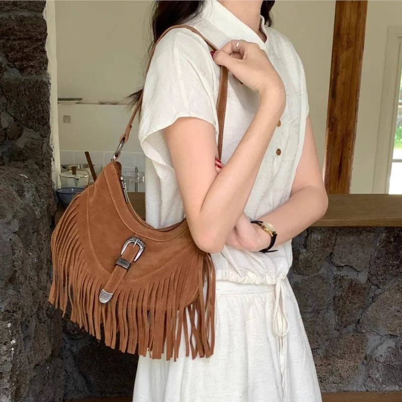 

JIAERDI Retro Tassel Leather Strap Tote Bag Women Bohemian Suede Large Capacity Shoulder Bag Ladies Patchwork Crossbody Bag 2025