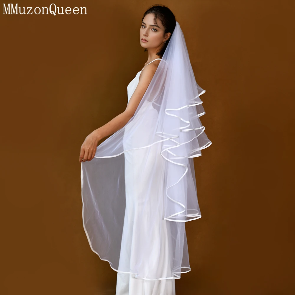 MMQ M100 Bridal Veils 2024 White 4 Tiers Ribbon Edge Wedding Accessories For Bride Elegant Wedding Headdress Ethel Rolyn