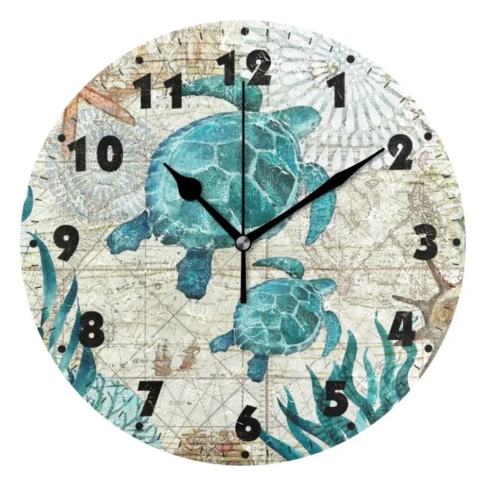 Vintage Turtle Starfish World Map Wall Clocks Silent Non Ticking Round Clock Battery Operated 9.8 Inch Quiet Desk Clock for Kids