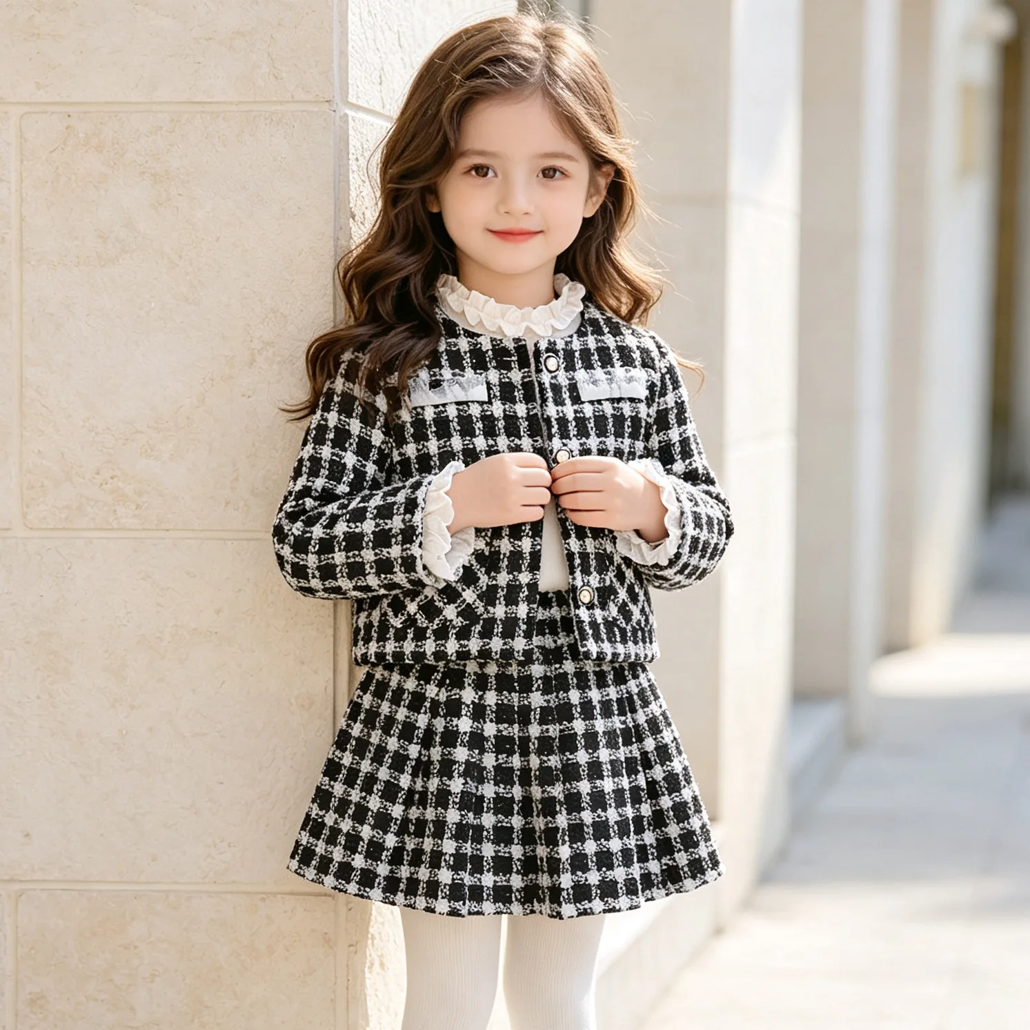 Little Girls Tweed 2-Piece Set Houndstooth Coat Pleated Skirt Kids Autumn Elegant Princess Party Outfits Photo Prop 90-140cm