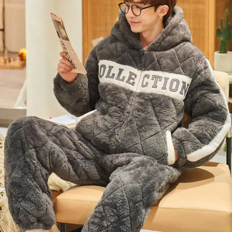 Men Pajamas Autumn Winter Thicken Sleepwear Plush Coral Velvet Three-layer Loungewear Flannel Outdoor Homewear Set Nightgown Set