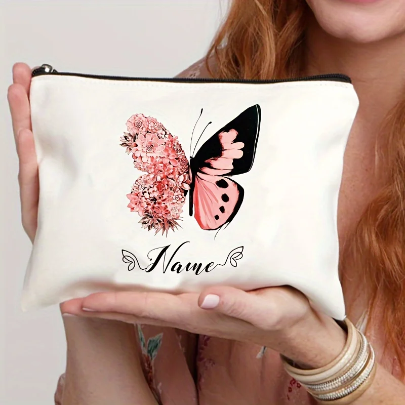 Sunflower Butterfly Cosmetic Bag - Personalized Name Zipper Pouch, Perfect Gift for Teachers, Students & Women Makeup Bags