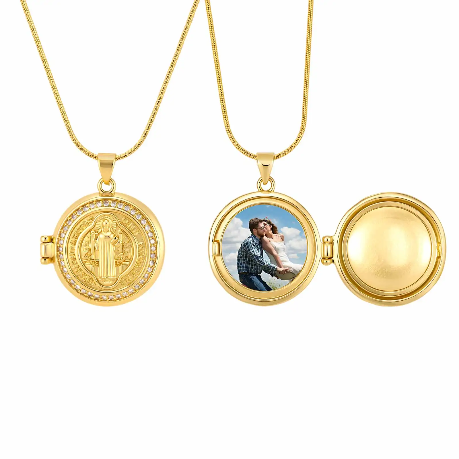 Colgante Personalizado con Foto, Medalla Religiosa de San Benito y la Virgen María, Joyería de Protección para Mujer