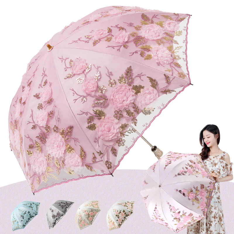 New Fashion Luxury Embroidered Flower Rain Umbrella for Women 3 Folding Double Layer Lace Up Parasol Luxury Uv Umbrellas Summer