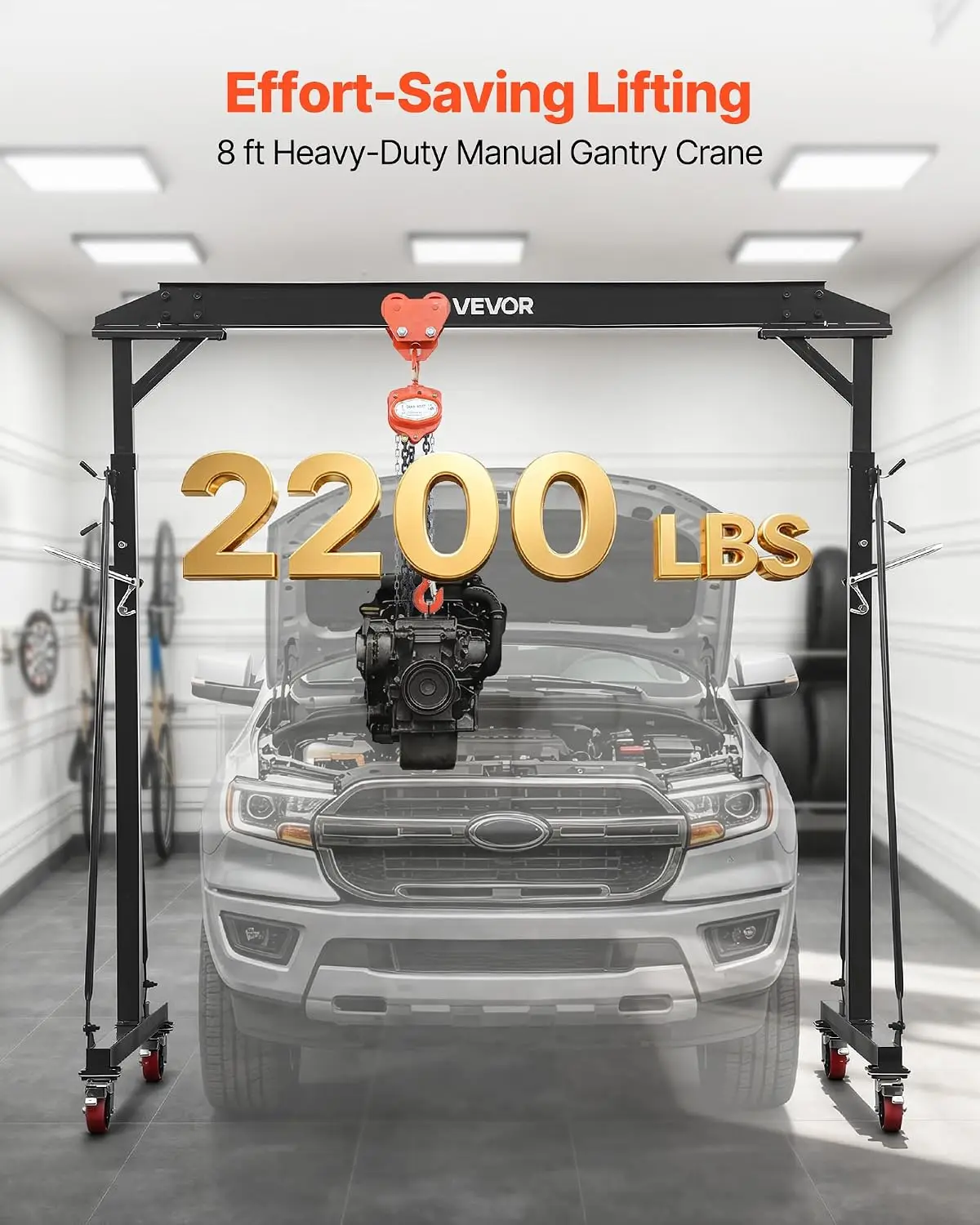 Adjustable Gantry Crane, 2200 lbs Capacity, Portable Shop Lift Hoist with 95.7-142.9 in Height Adjustable, Manual Trolley, Hoist