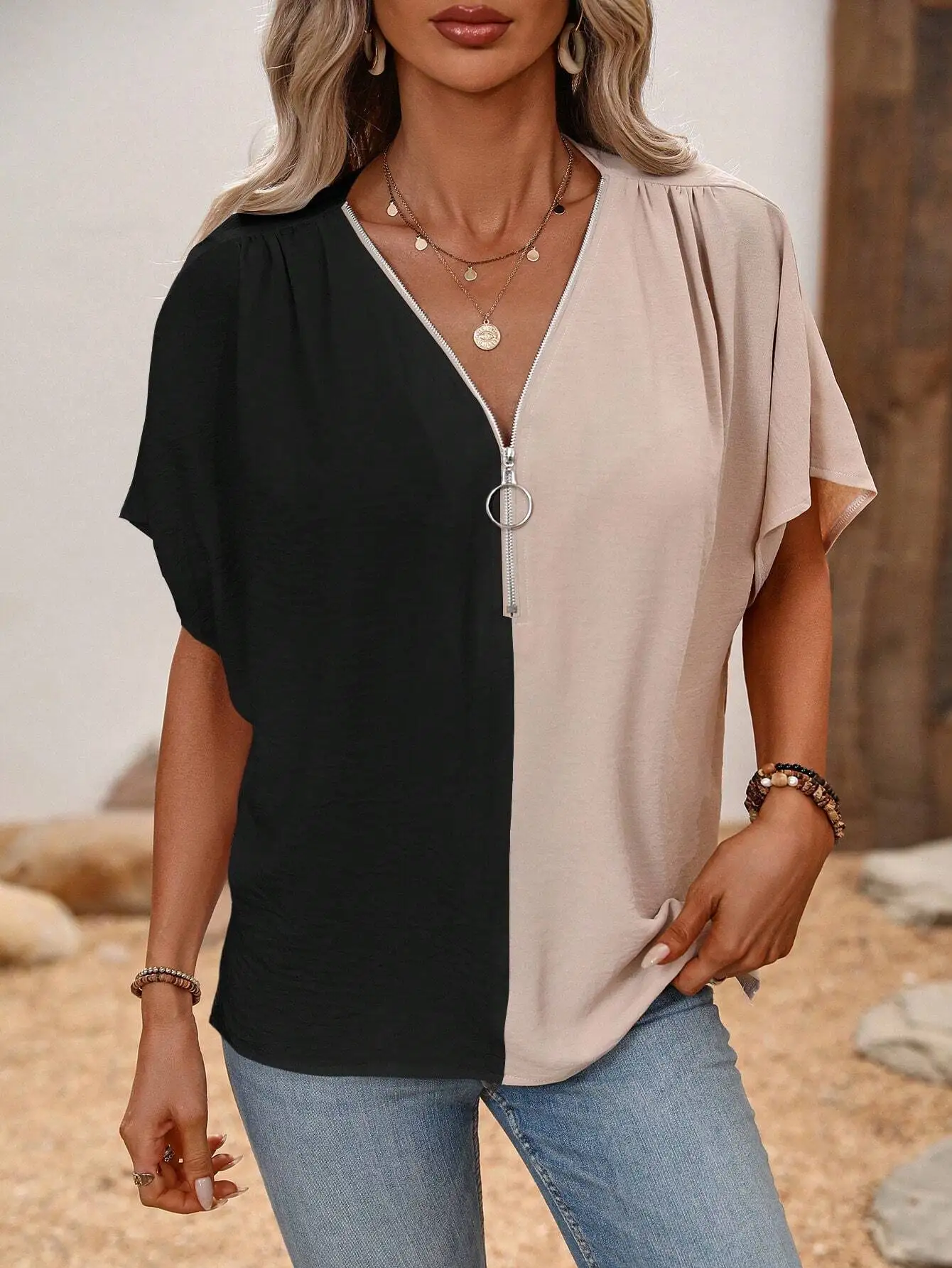 

Colorblock Short Sleeve Zipper V-Neck Blouse For Women
