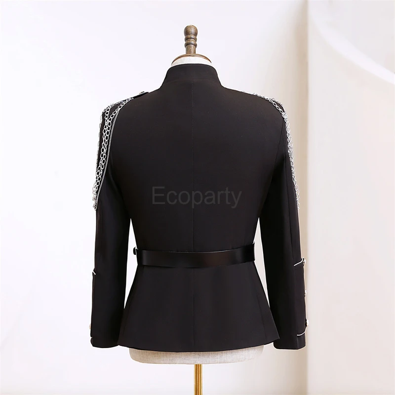 Men's Steampunk Blazer Jacket Black Stand Collar Double Breasted Belt Design Punk Chain Coat Singer Stage Prom Cosplay Costume