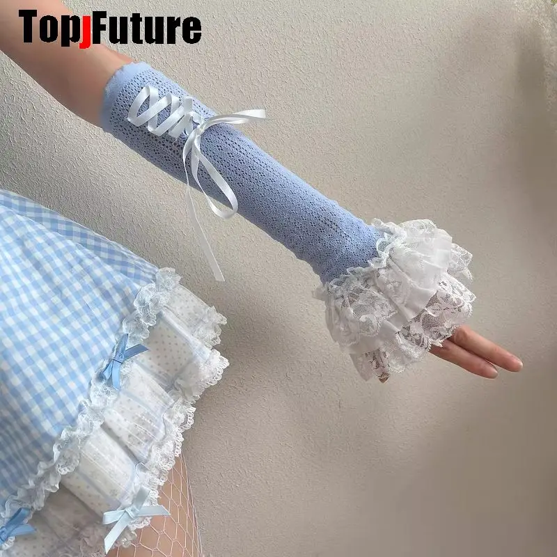 Summer Gothic Women Y2K Lolita Fingerless Gloves Arm Warmers Knitted Kawaii Bow Lace Hand Work Gloves Anime Cosplay Sleeves