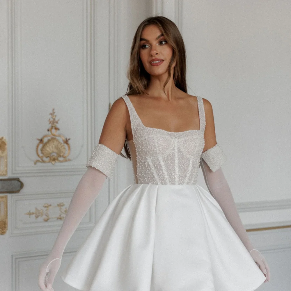 Amanda Customized White Spaghetti Strap Gloves Pearls robes de soirée Satin Backless Party Dresses Strapless A-line Prom Dress