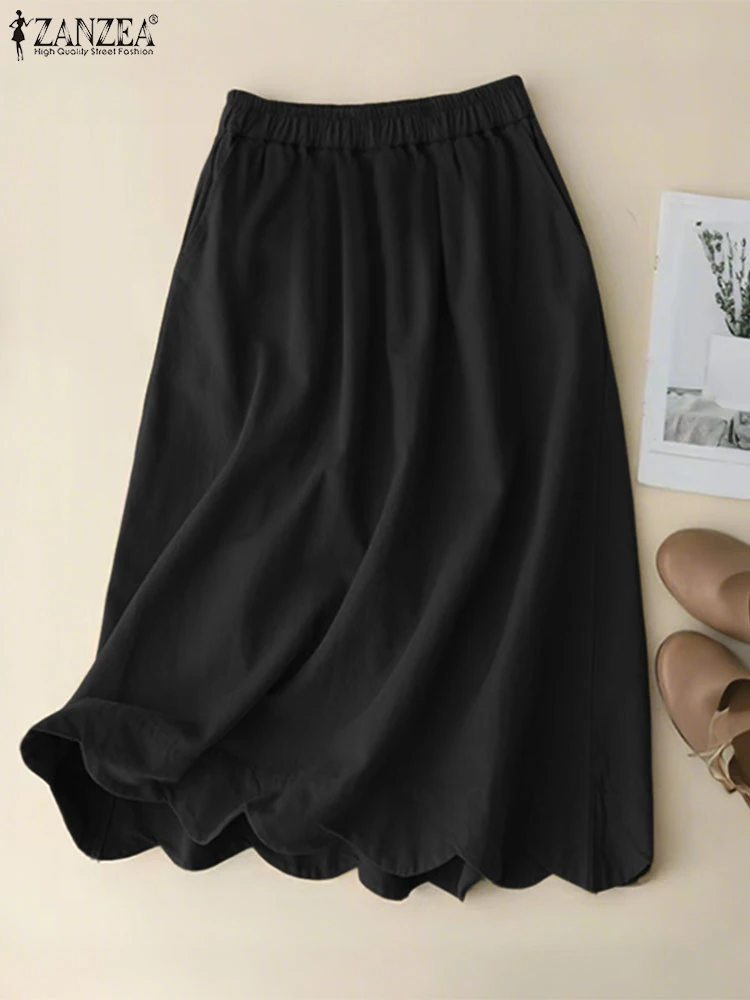 

ZANZEA Casual Scalloped Hem Jupes Femme Fashion Elastic High Waist Daily Leisure Solid A-line Long Skirts Summer Womens Faldas