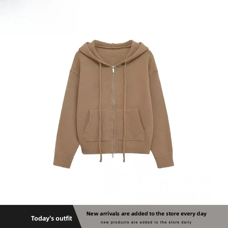 ファッショナブルなニットパーカー レディース カジュアル ルーズフィット ポリエステル繊維 暖かい 長袖 ジッパー開閉 秋冬 オールマッチセーター