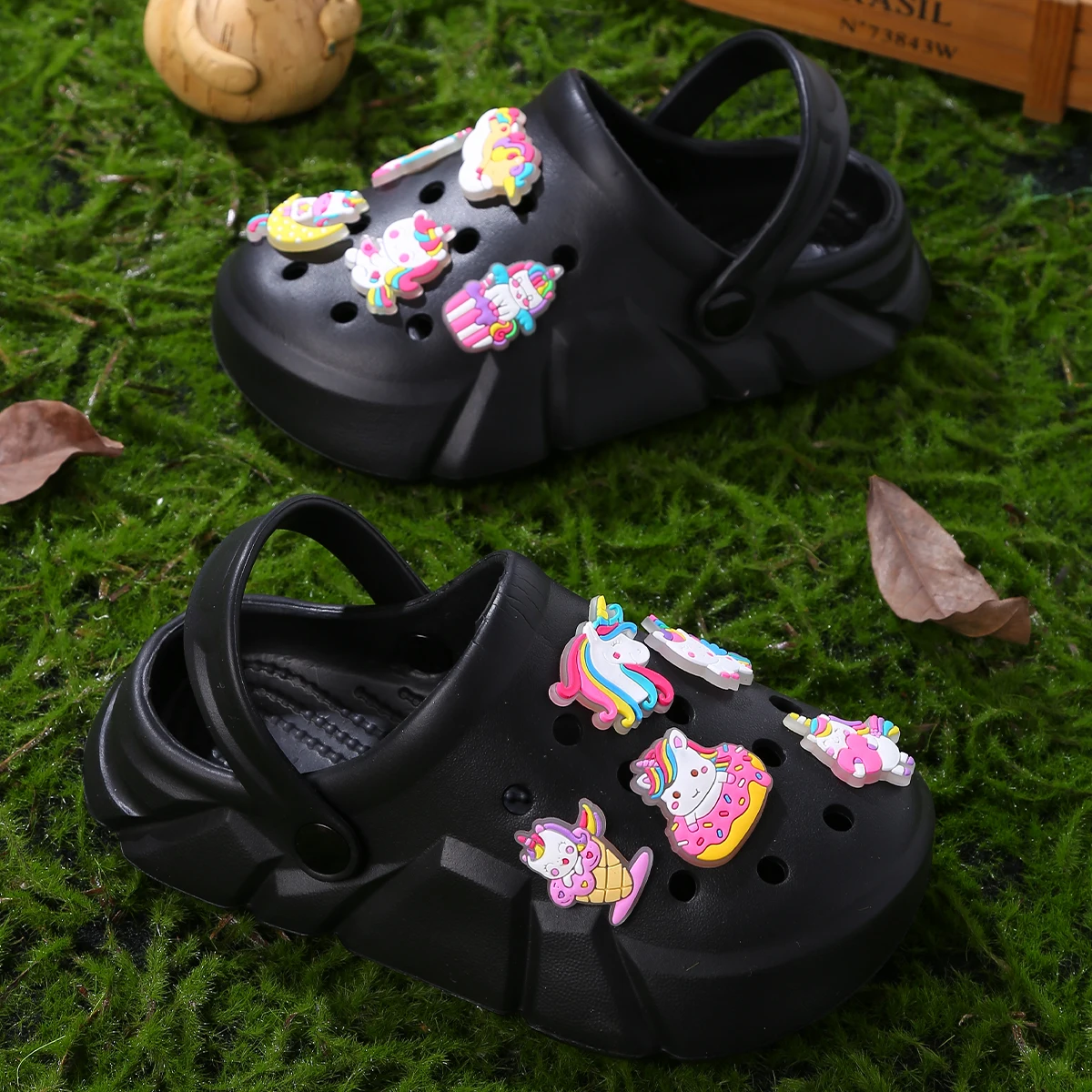 Girls Trendy Comfortable Clogs With Luminous Cartoon Unicorn Charms, Breathable Non-slip Clogs For Indoor Outdoor Beach Pool