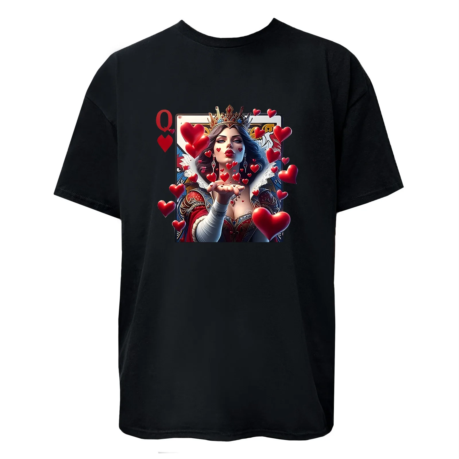 تي شيرت بتصميم جرافيك Red Heart Queen Poker للجنسين، تي شيرت علوي للنساء والرجال