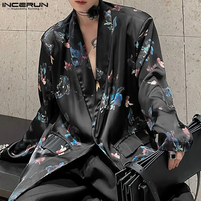 INCEURN Men Casual Blazer Notch Collar Long Sleeve One Button Vintage Floral Printed Party Clubwear Suit Autumn Outwear Jacket