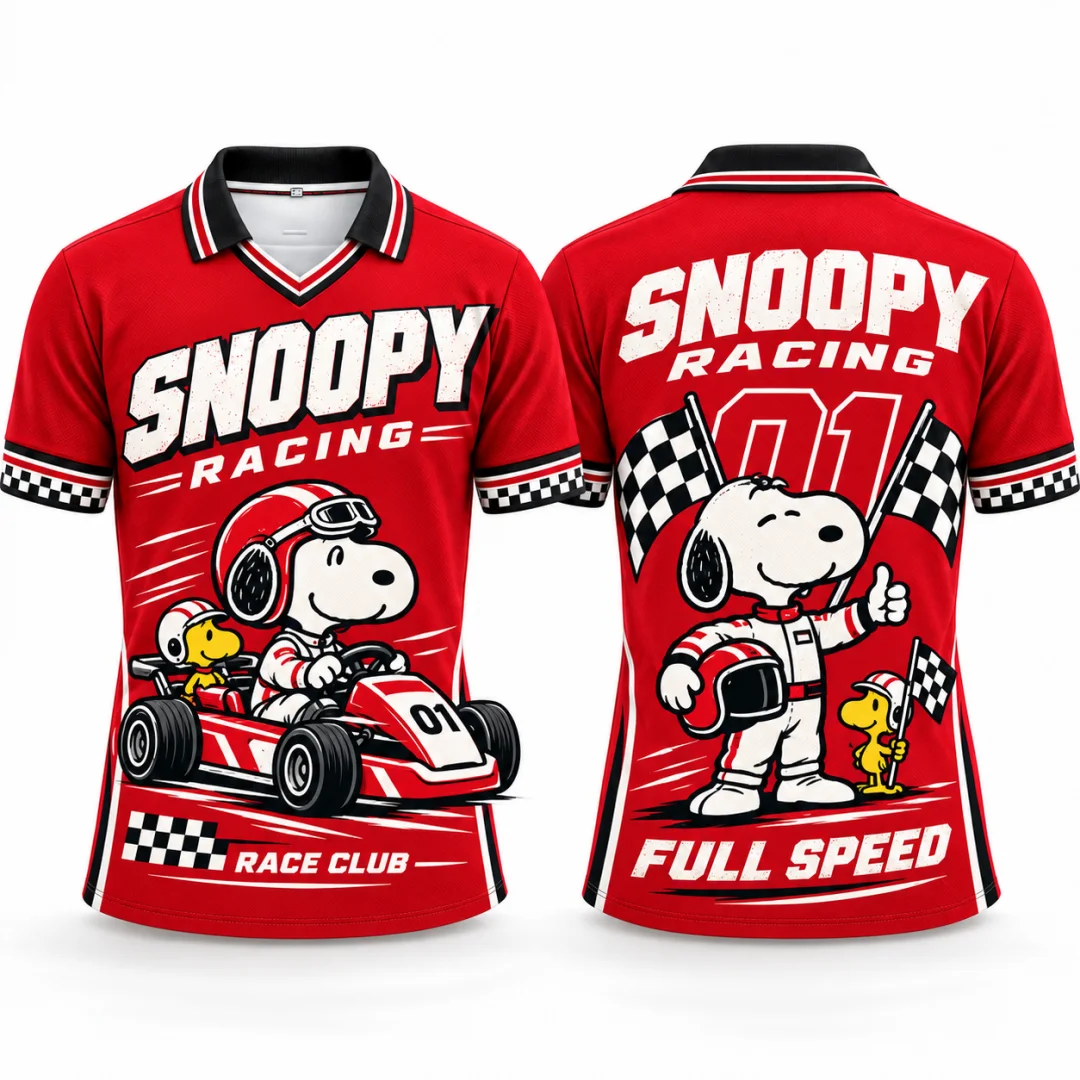 Snoopy Racing Grand Prix Graphic Polo Shirt Vintage Race Car Kids Short Sleeve Jersey Unisex Motorsport Streetwear Tops