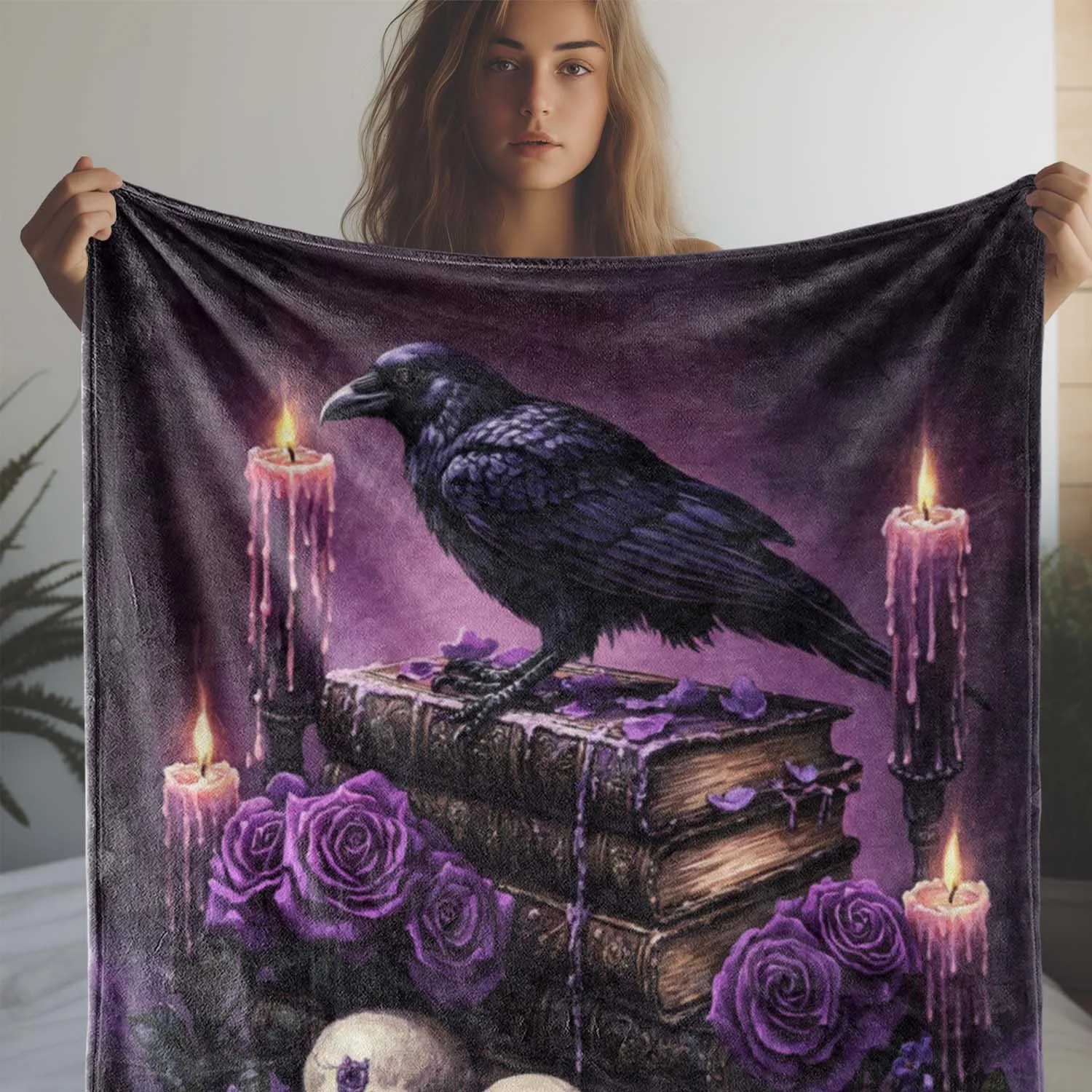 Gothic Raven Skull Flannel Blanket, Purple Rose Print Soft Throw for Sofa Bed Camping, Vintage Style Home Decor Gift
