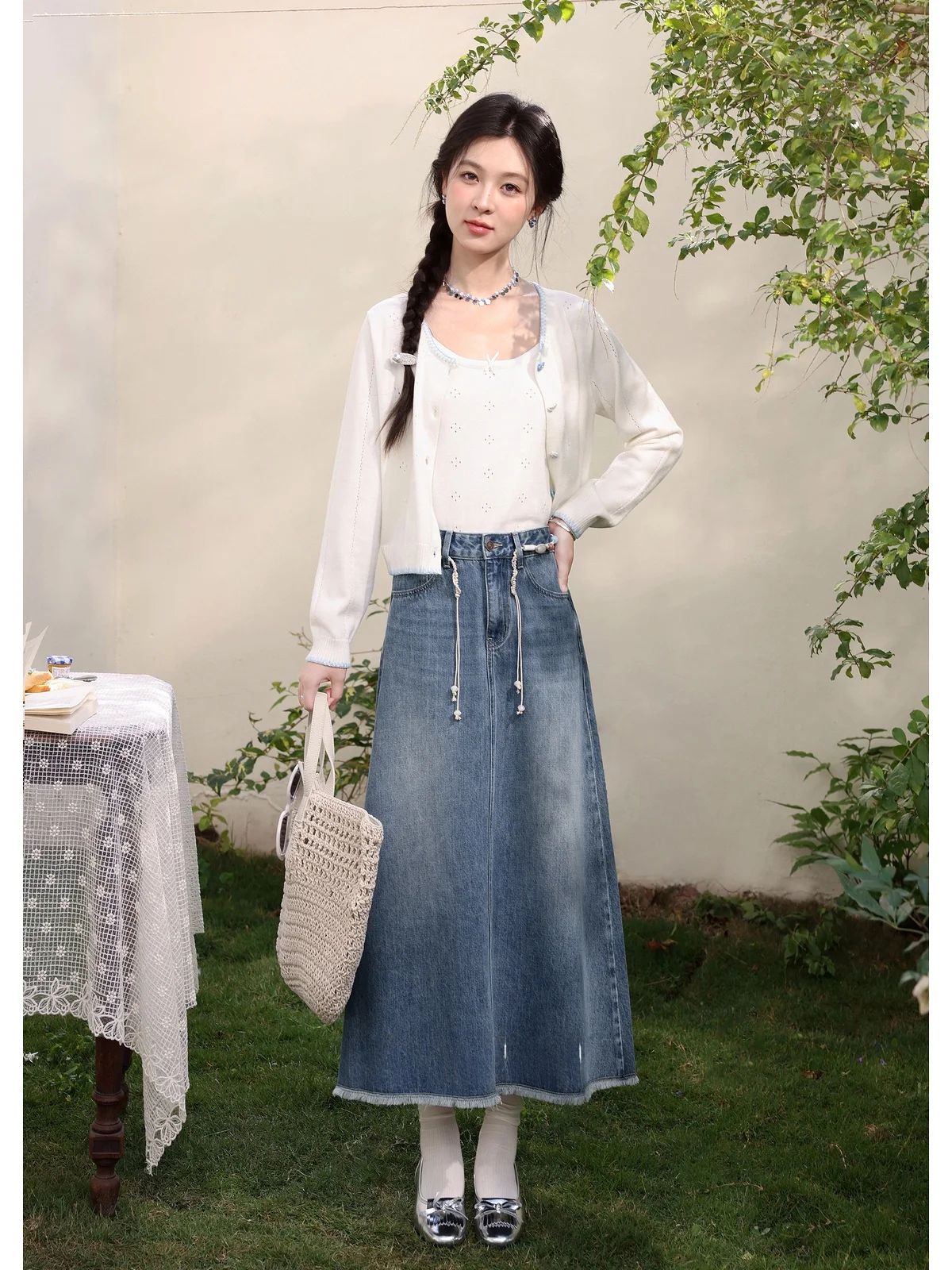 

Джинсовая юбка с высокой талией, синяя, женская, весенняя новинка, винтажная, драпированная, длинная, для повседневной носки, простая, А-силуэт, от Deer South