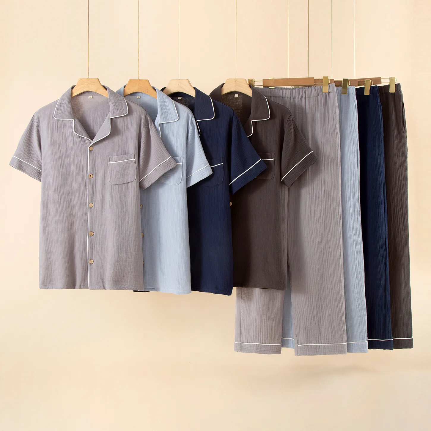 Sleepwear Pajama Male Pajamas Summer Men's Pure Cotton Set Short-sleeved Long Pants Japanese-style Home Wear Large Size Casual