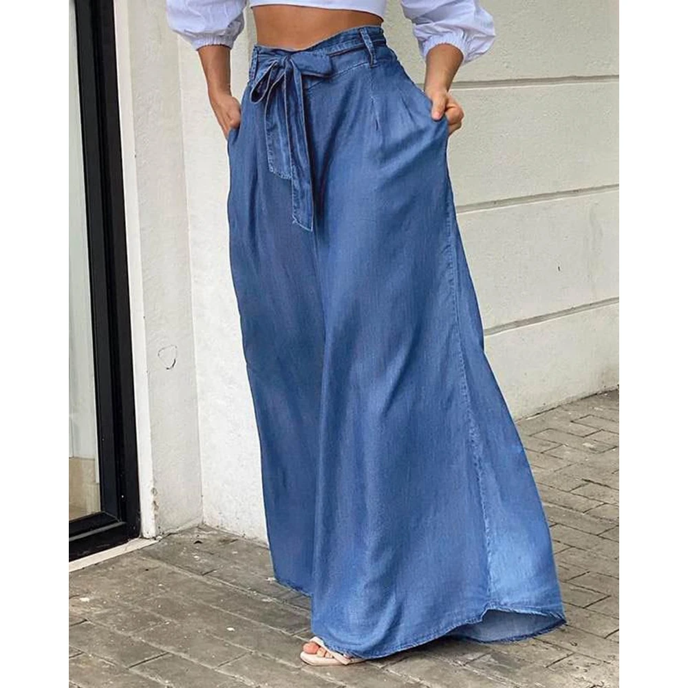 

Women Fashion Casual Denim Long Skirts Summer 2024 Casual Femme High Waist Skirts Loose Laced-up Korean Style Robe Longue