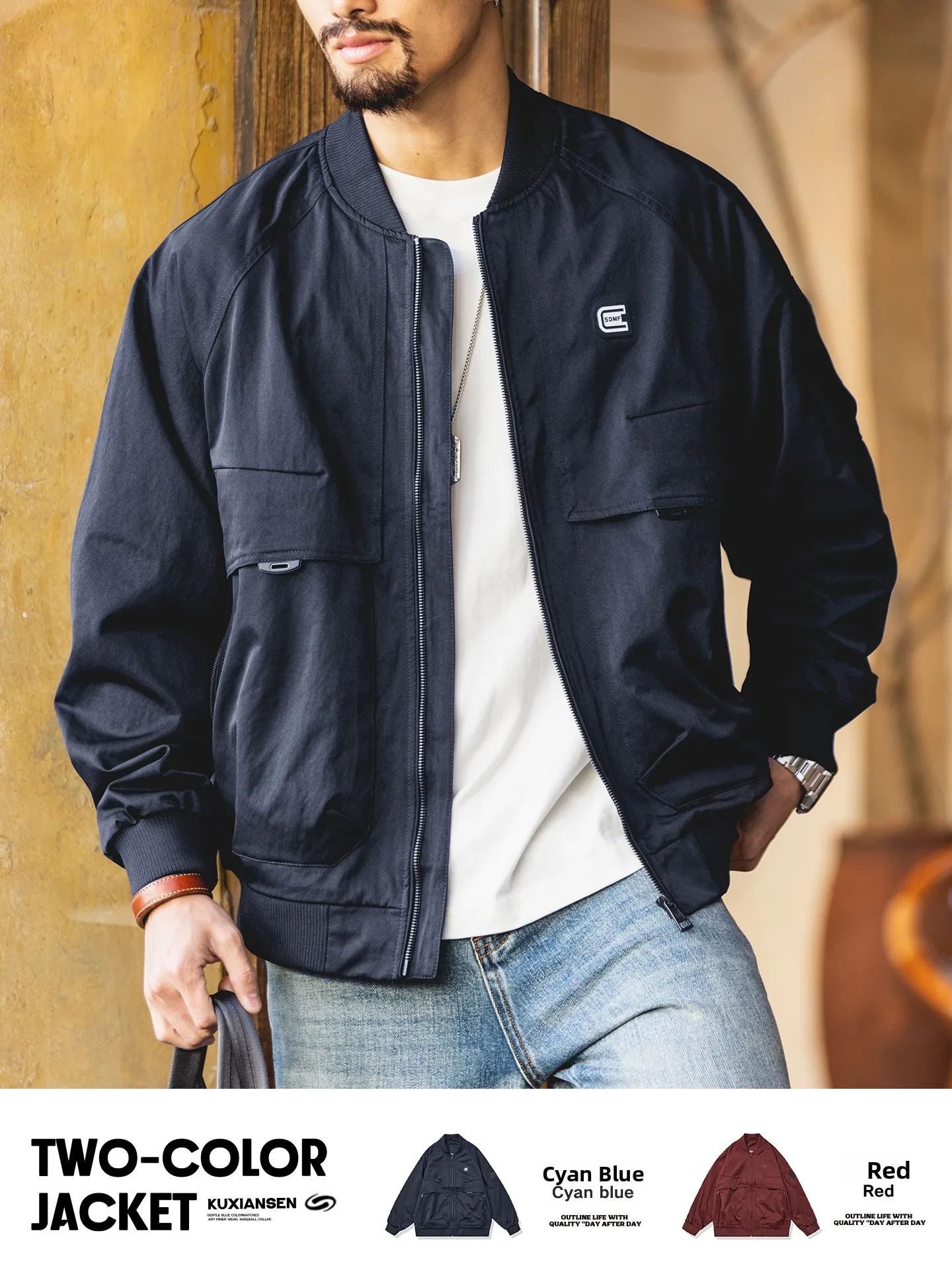 Loose Fit American Style Men's Black Casual Pilot Jacket Baseball Shirt Workwear Coat Windproof Polyester Fiber Long Sleeve