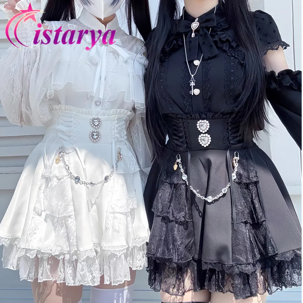 

Gothic Lolita Retro Crystal Ruffles Skirts Harajuku Punk Y2k Japanese Girls Sweet Kawaii Lace Chain Link A-Line Mini Skirts