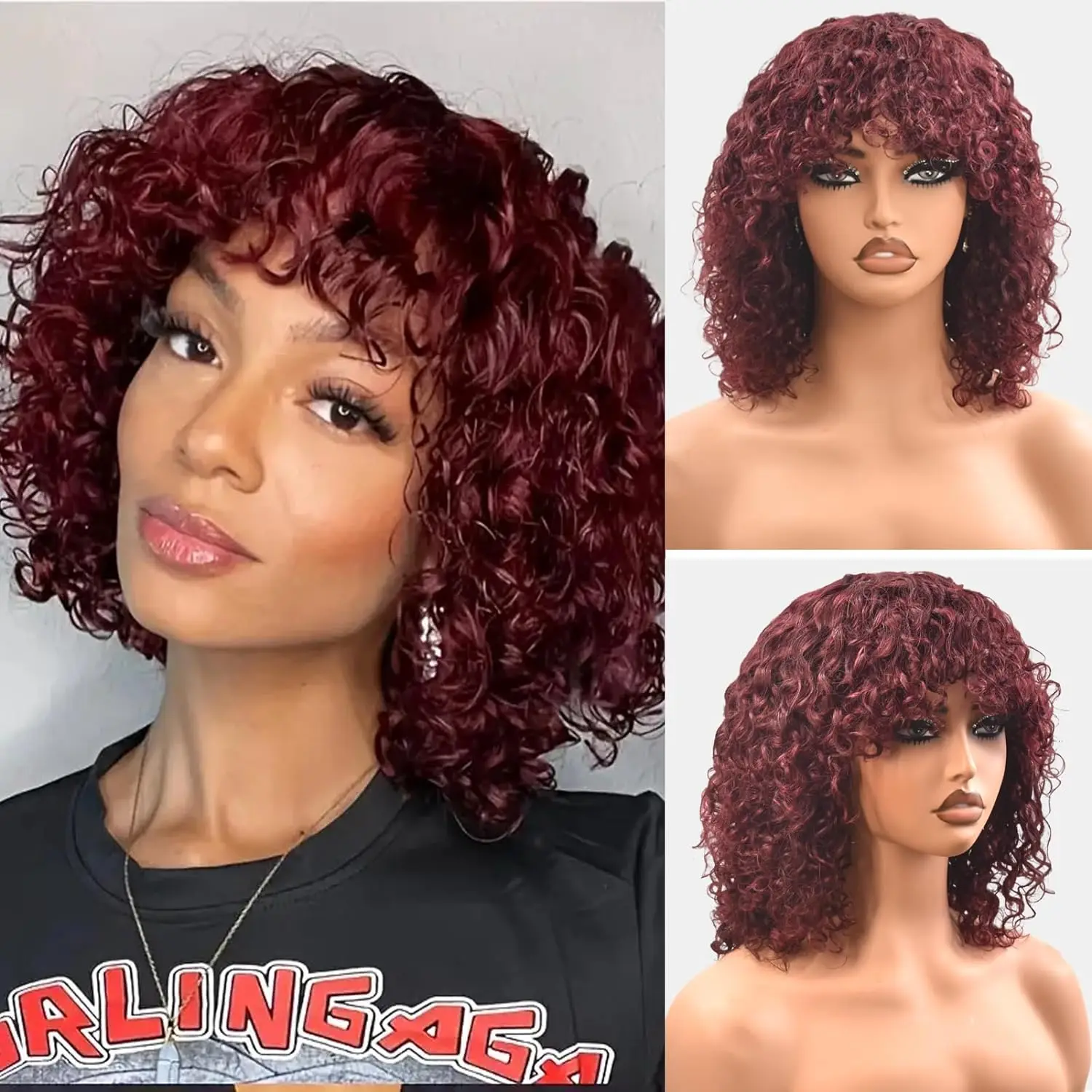 12inch Short Water Wave Human Hair Wig with Bangs Bob Wigs Brazilian Human Virgin Hair None Lace Wig 1B# 99J# for Women