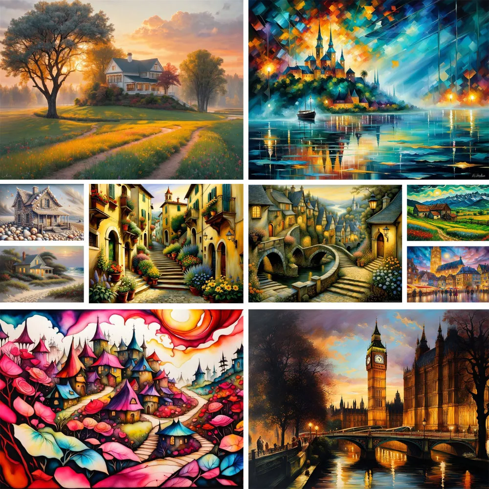 Landscape Dream Town Printed Canvas Cross-Stitch Set DIY Embroidery Sewing Handiwork Painting Handicraft Gift Wholesale Mulina