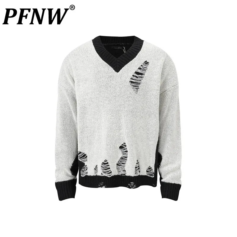 

PFNW American Style Men's Sweater Hole Knitting V-neck Contrast Color Male Loose Pullovr Male Clothing Streetwear Chic 12C1054